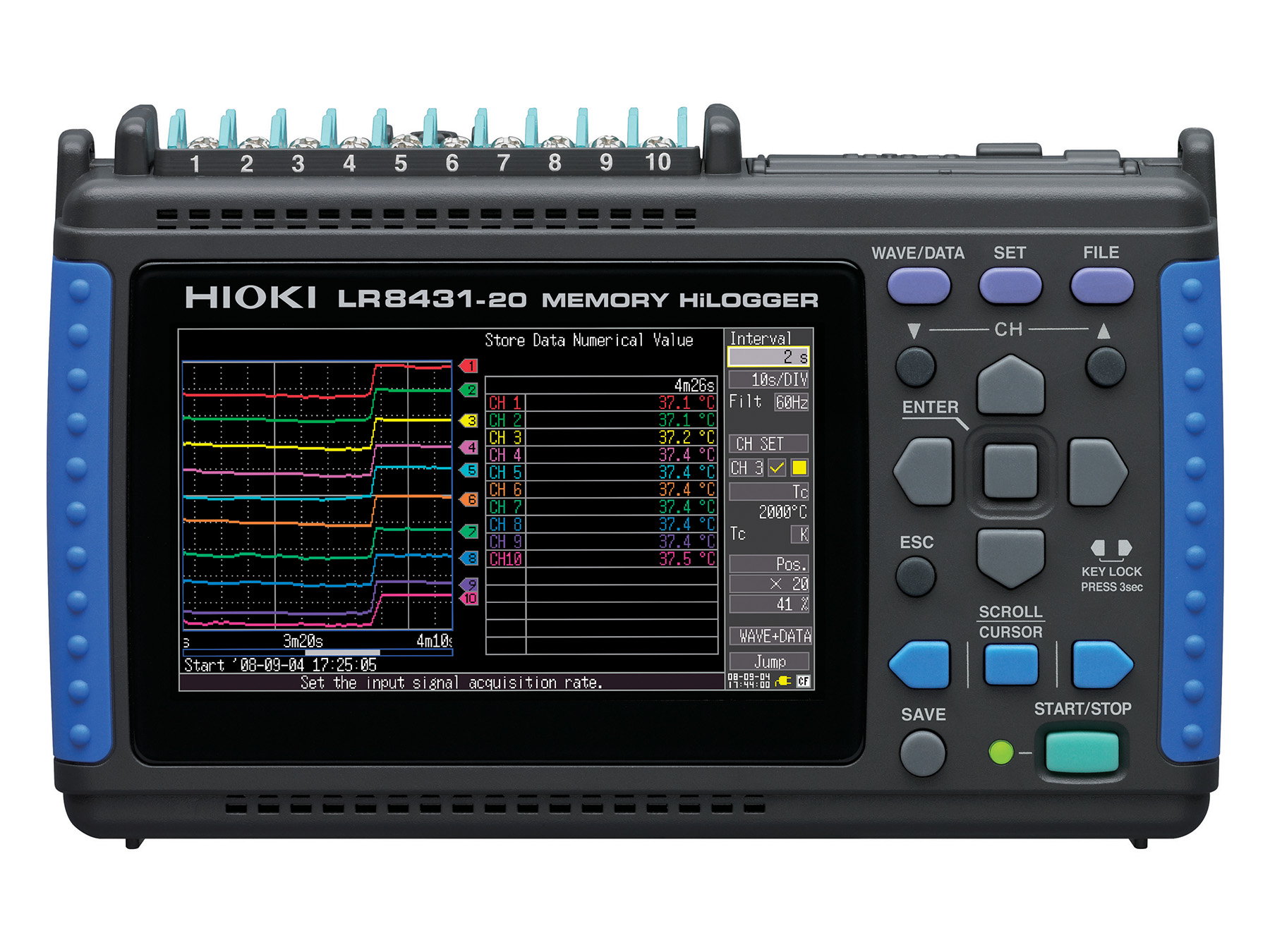 LR8431 - Handheld 10-channel Data Logger for voltage, temperature and pulse logging