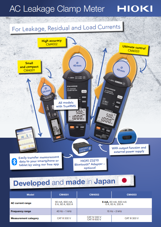 HIOKI CM400x Produktflyer mit AC-Leckstromzangen