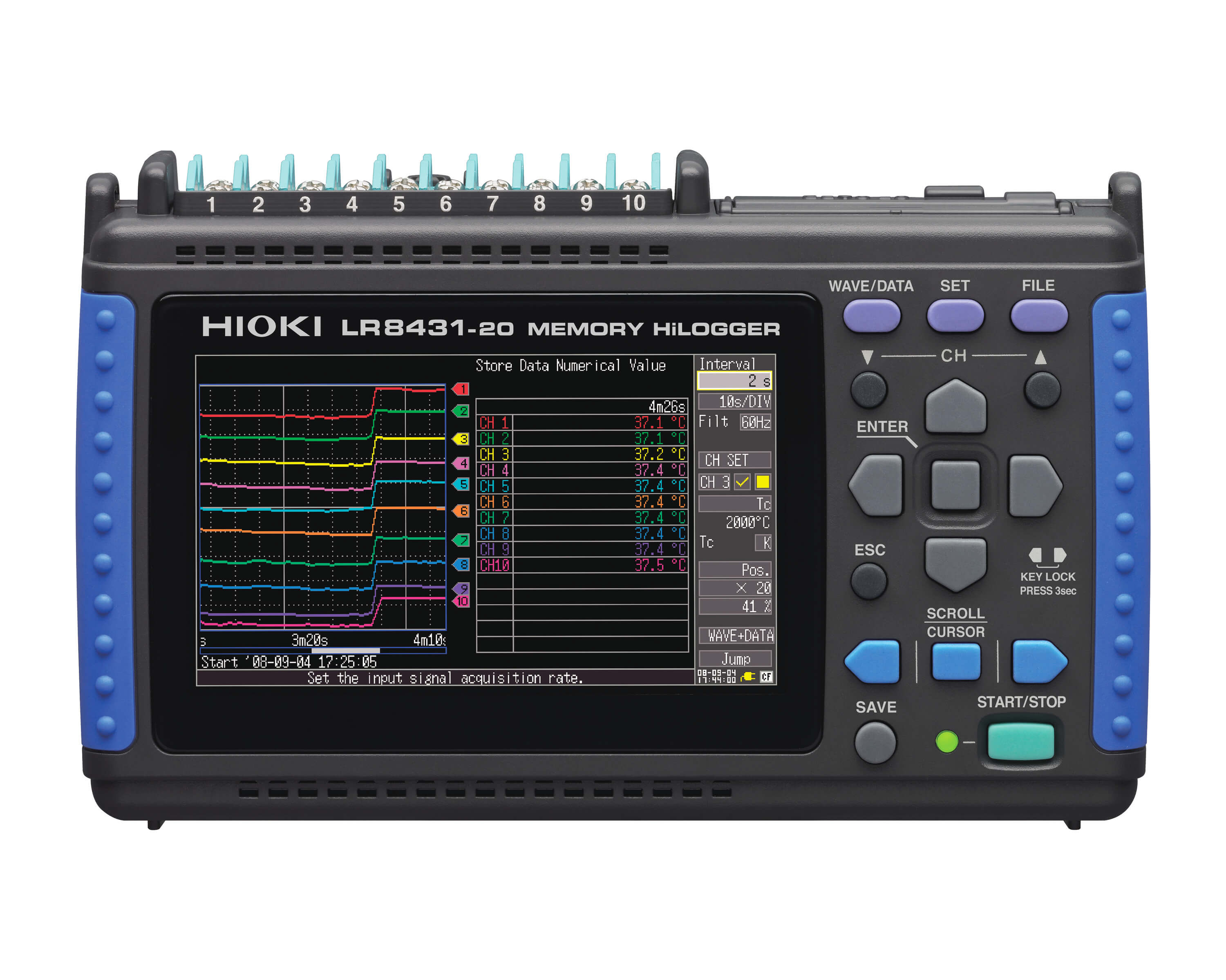 LR8431 - 10-channel handheld data logger for voltage, temperature and pulse logging