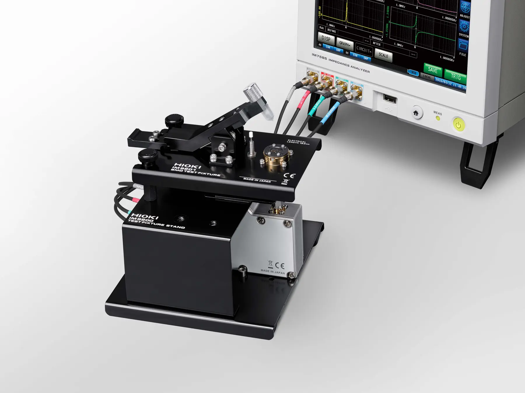 HIOKI IM9201 smd test fixture for impedance measurements dc to 3ghz mounted on im9200 stand impedance analyzer compatible