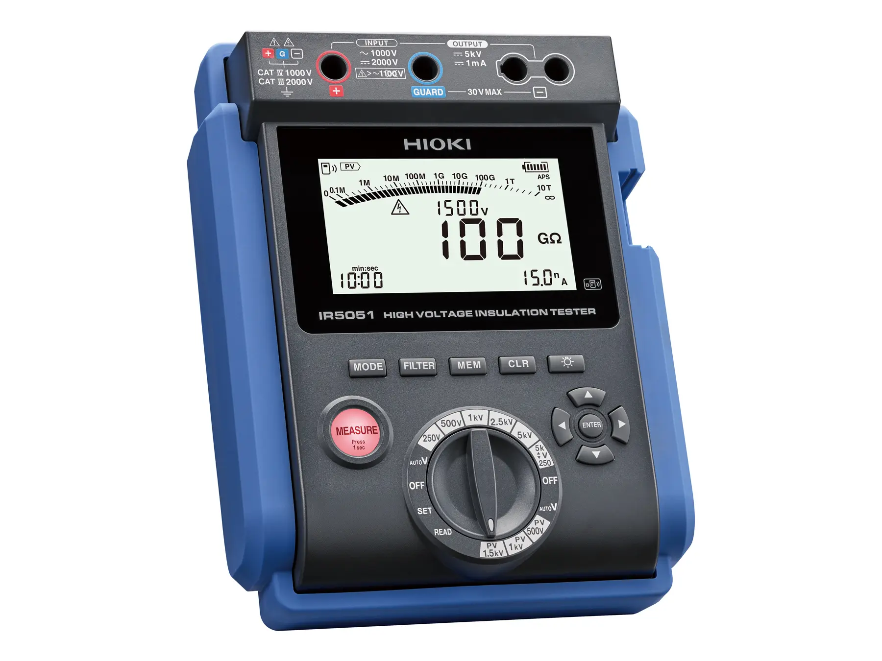 HIOKI IR5051 portable high voltage insulation tester with pv function five test voltage ranges 250v to 5kv