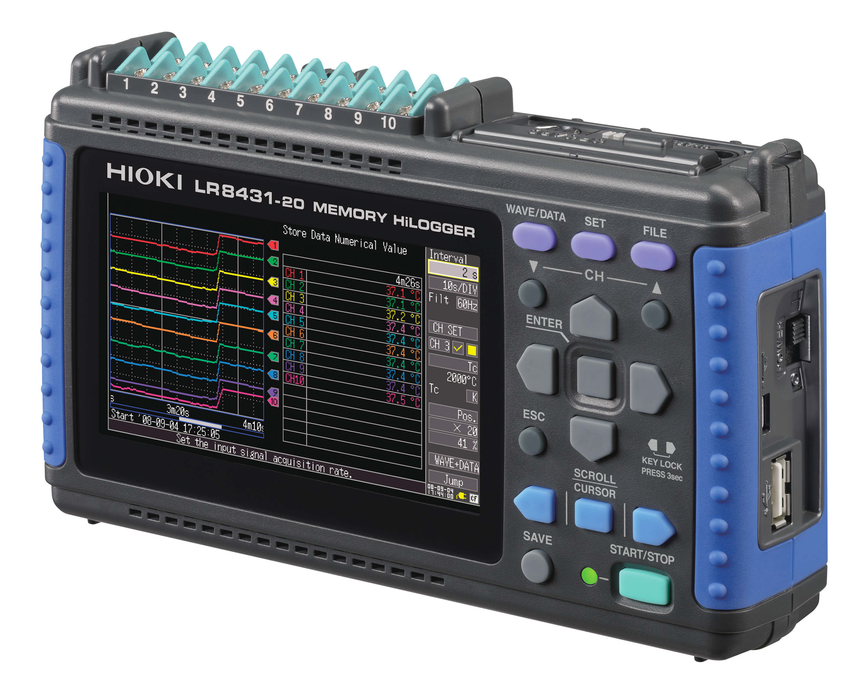 LR8431 - 10-channel handheld data logger for voltage, temperature and pulse logging