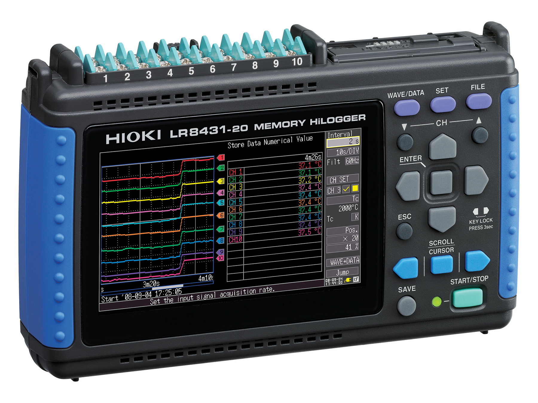 LR8431 - Handheld 10-channel Data Logger for voltage, temperature and pulse logging