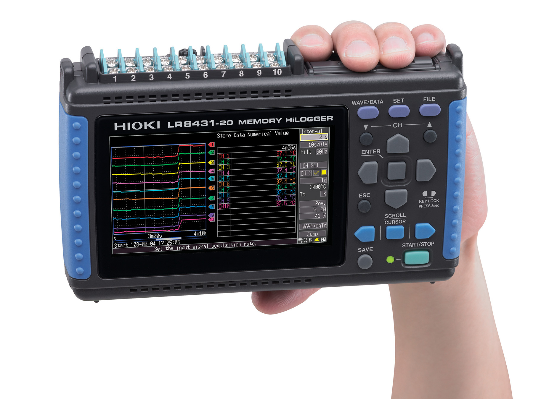 LR8431 - Handheld 10-channel Data Logger for voltage, temperature and pulse logging