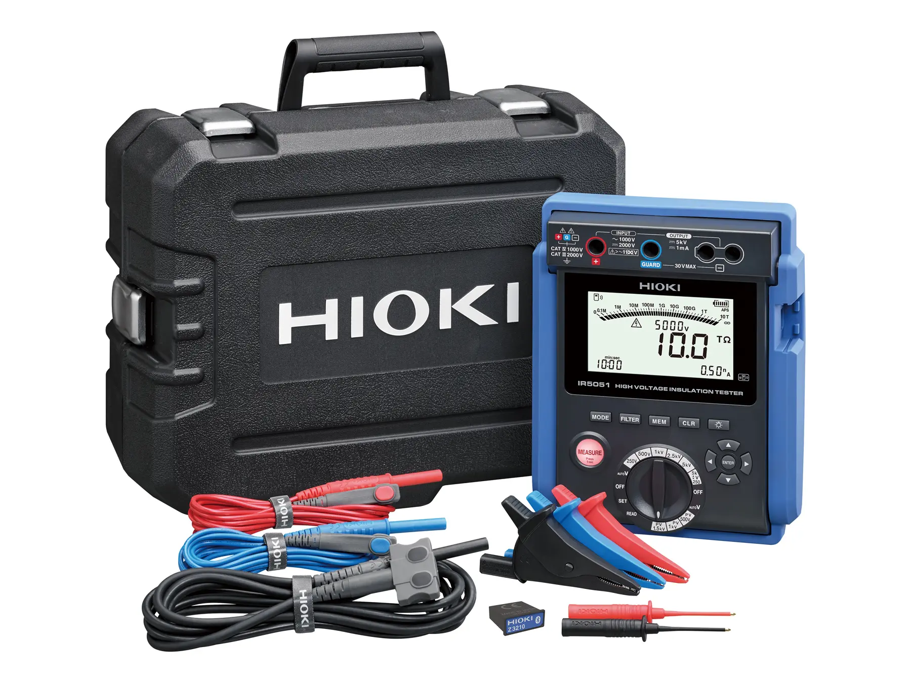 HIOKI IR5051-90 portable high voltage pv insulation tester with Z3210 five test voltage ranges 250v to 5kv set